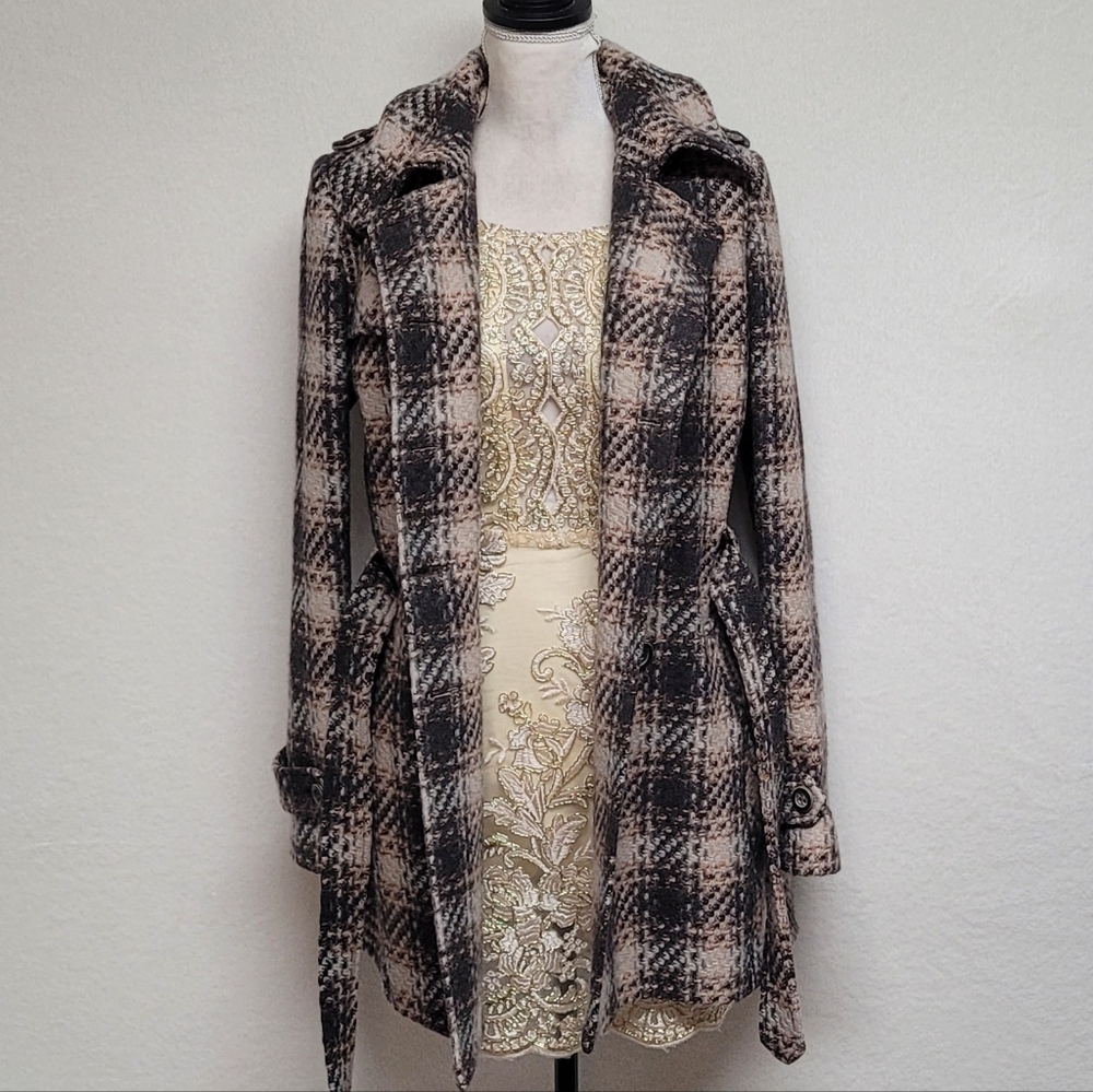 DKNY Retro Y2K Brown Plaid Tweed Double Breasted Belted Midi Peacoat Trench Coat - Picture 11 of 13